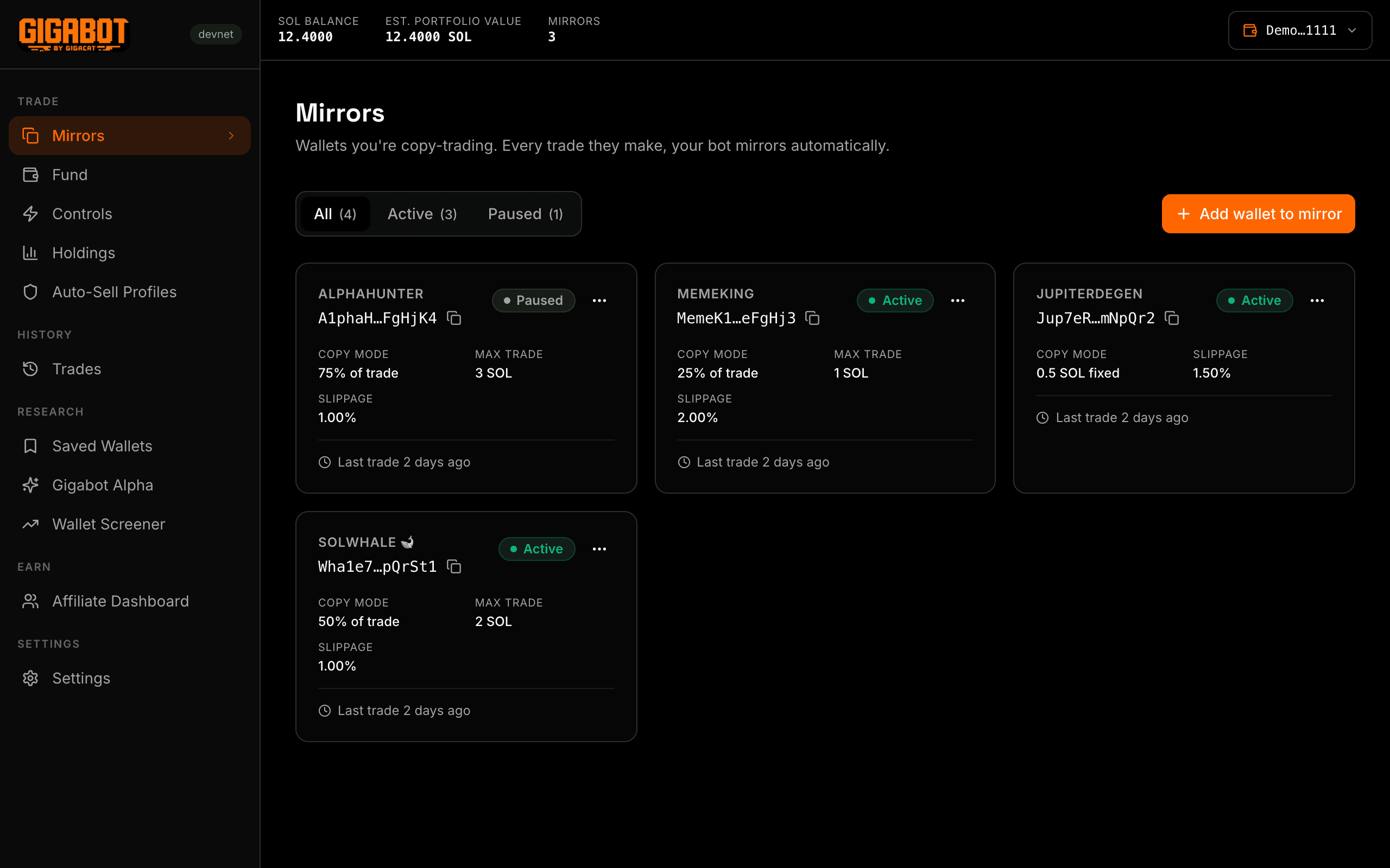 Gigabot bot wallet and mirrors setup