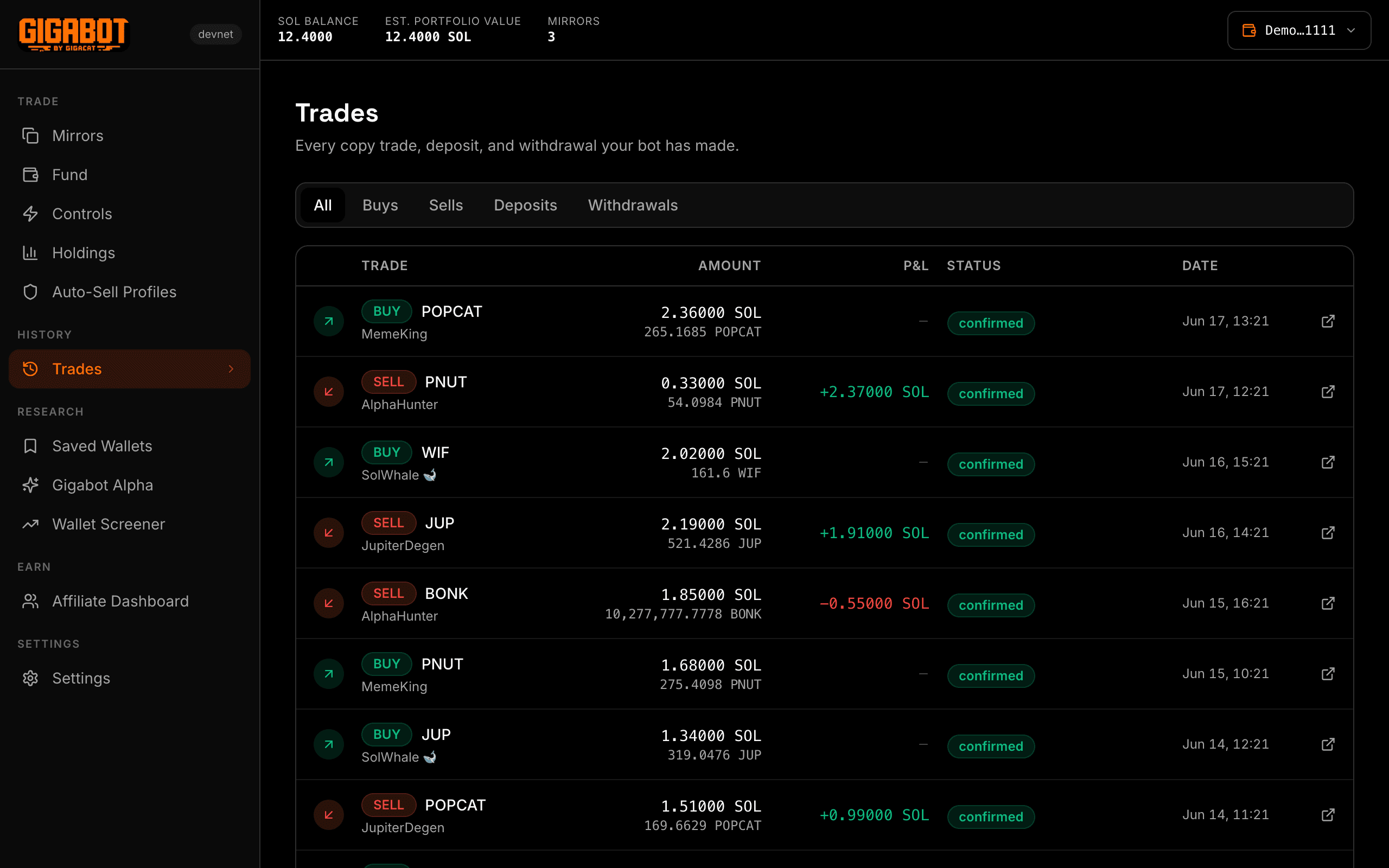 Gigabot trade execution history